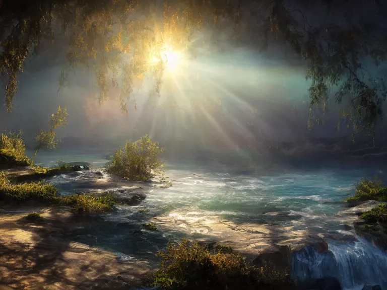 Image similar to a fine painting of a glorious place where love conquers all yet death resides there, 8 k, ultra realistic, lens flare, atmosphere, glow, detailed, intricate, full of colour, cinematic lighting, trending on artstation, 4 k, hyperrealistic, focused, extreme details, unreal engine 5, cinematic, masterpiece