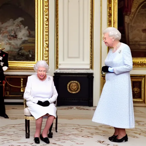 Prompt: Queen Elizabeth playing with a android white robot in the Buckingham palace