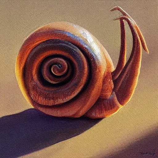 Prompt: snail that’s a cashier, realistic painting, golden hour lighting, 8k