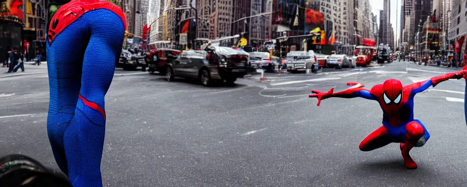 Image similar to spider - man and superman meet in new york city street, high res, shallow depth of field, realistic image