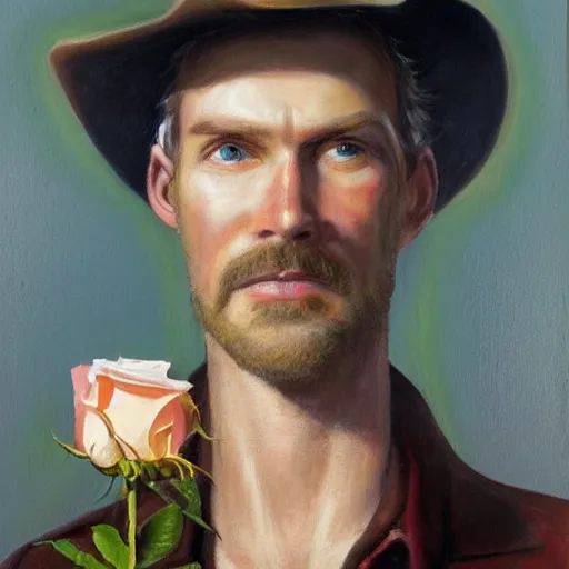 Prompt: a painting of a tall man with blue eyes that is wearing a cowboy hat and a leather vest. He is holding a revolver in his left hand and a rose is in his right hand. He is standing in a field of roses.