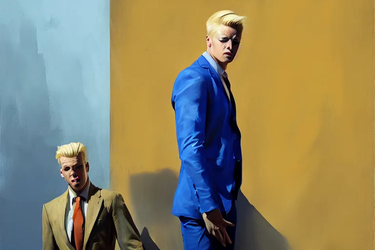 Image similar to greg manchess portrait of a blond man in a blue suit shock of being hurt, organic painting, sunny day, matte painting, bold shapes, hard edges, street art, trending on artstation, by huang guangjian, gil elvgren, ruan jia, randy vargas, greg rutkowski