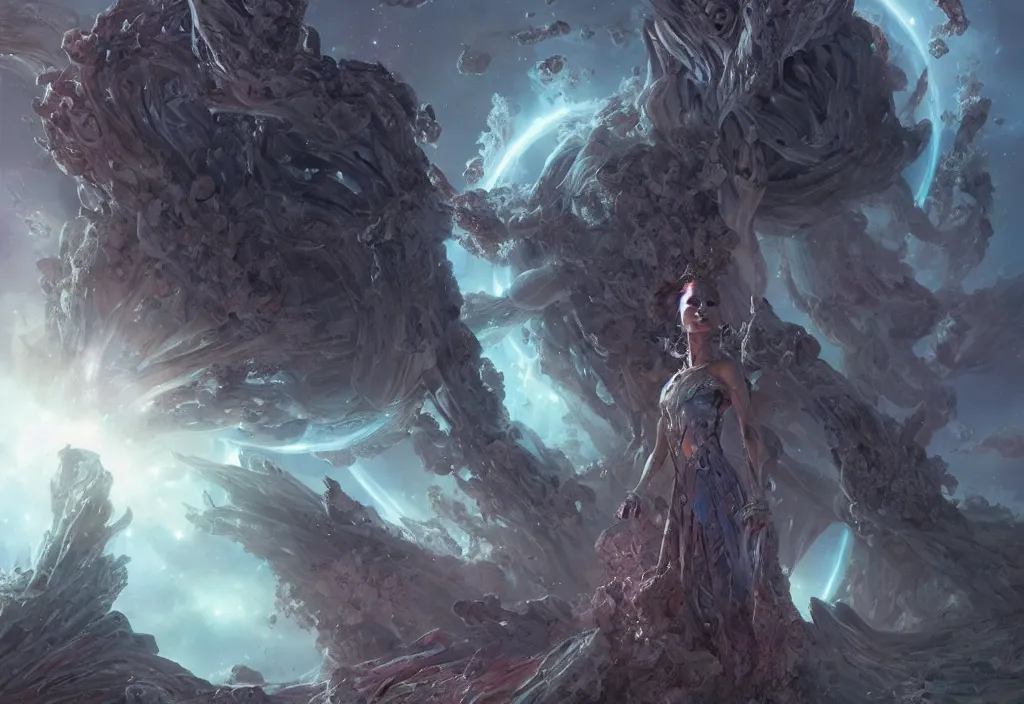 Prompt: an ancient alien female monument staring into space at a supernova, queen of blades, by dorian cleavenger, by greg rutkowski, by wlop, by astri lohne, by zdzisław beksinsk