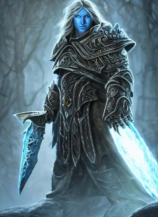 Image similar to arthas menethil, ultra detailed fantasy, elden ring, realistic, dnd character portrait, full body, dnd, rpg, lotr game design fanart by concept art, behance hd, artstation, deviantart, global illumination radiating a glowing aura global illumination ray tracing hdr render in unreal engine 5