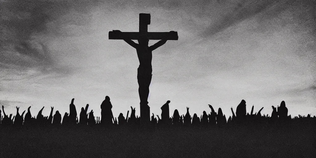 Prompt: “A large strange crucifix standing in a field surrounded by cultists in black robes next to a bonfire, dirty award winning vintage photography, glowing red sky, distorted photo”