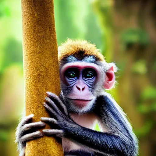 Image similar to very cute ninja monkey, portrait, pixar style, forest background, cinematic lighting, award winning creature portrait photography