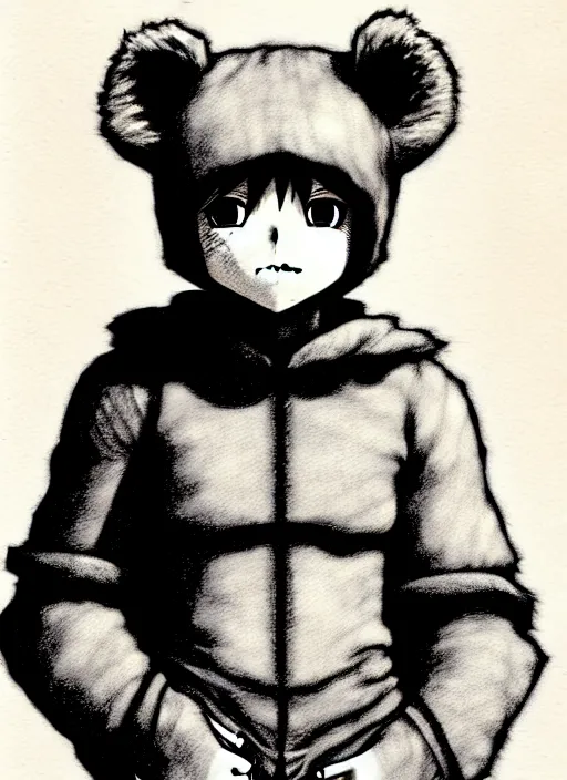 Image similar to beautiful little boy wearing an cyborg bear suit, artwork in kentaro miura and made in abyss and rosdraws, smooth, beautiful lightness, anatomically correct, trending on pixiv, forest