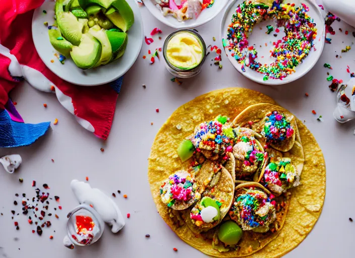 Image similar to dslr food photograph of a tacos topped with rainbow sprinkles, 8 5 mm f 1. 8