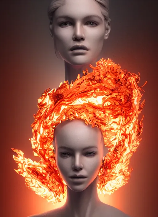 Image similar to sculpture made of flame, portrait, female, future, torch, fire, harper's bazaar, vogue, fashion magazine, intricate, concept art, close up, ornate, luxury, elite, elegant, trending on artstation, by ruan jia, by Kenneth Willardt, by ross tran, by WLOP, by Andrei Riabovitchev,