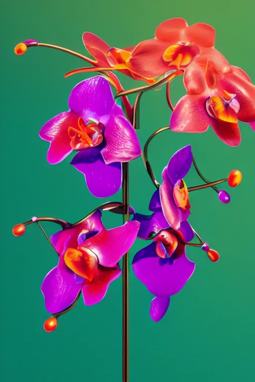 Prompt: a colorful, metallic orchid, ( ( ( ( jonathan zawada ) ) ) ) a computer rendering by agnes lawrence pelton, featured on polycount, computer art, rendered in cinema 4 d, octane render, rendered in maya