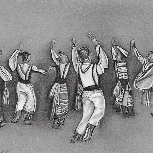 Image similar to beautiful pencil drawing in a contemporary style of round dance - folkloric dances, sharp and precise detailed picture, no faces