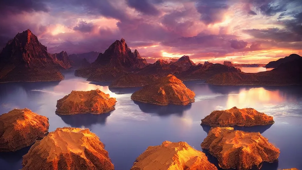 Image similar to amazing photo of floating islands in sunset by marc adamus, beautiful dramatic lighting