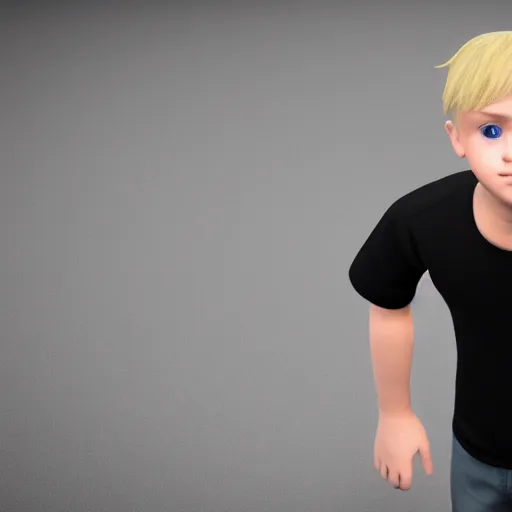 Image similar to a detailed full body image of boy with blonde hair and blue eyes wearing a black tshirt, unreal engine 5 rendered, incredibly highly detailed and realistic, 8 k, sharp focus, studio quality