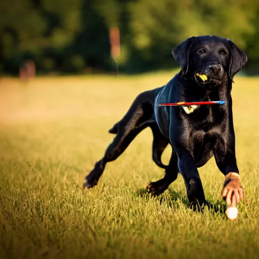 Prompt: black lab chasing a stick through a field of hotdogs, golden hour, very detailed, 4 k