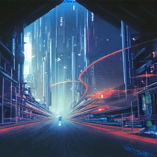 Image similar to busy cyberpunk futuristic cityscape located under a bridgeway, world seen only through a portal, daylight, cinematic perspective, cinematic lighting, blue sky, syd mead, john harris, symmetrical