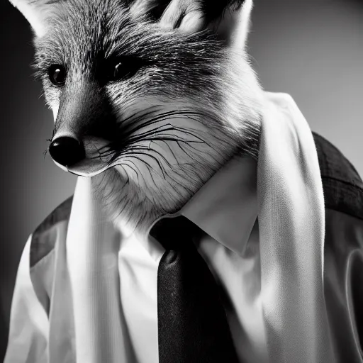 Image similar to portrait of a humanoid fox detective, studio portrait photography, studio lighting, black - and - white photograph, film noir, 4 k