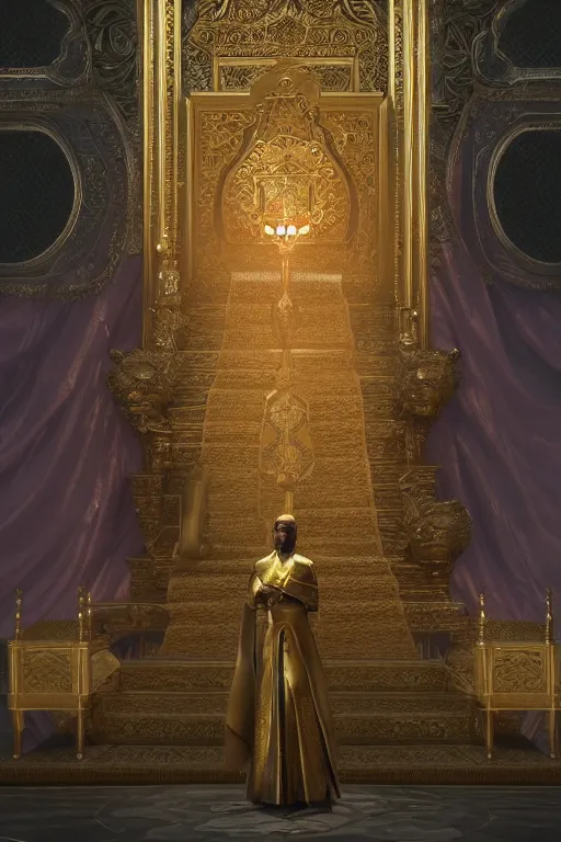 Image similar to portrait, Sultan of arabia on his golden throne, dynamic lighting, volumetric, bokeh, cinematic, establishing shot, extremly high detail, photo realistic, cinematic lighting, post processed, concept art, artstation, matte painting, style by eddie mendoza, raphael lacoste, alex ross