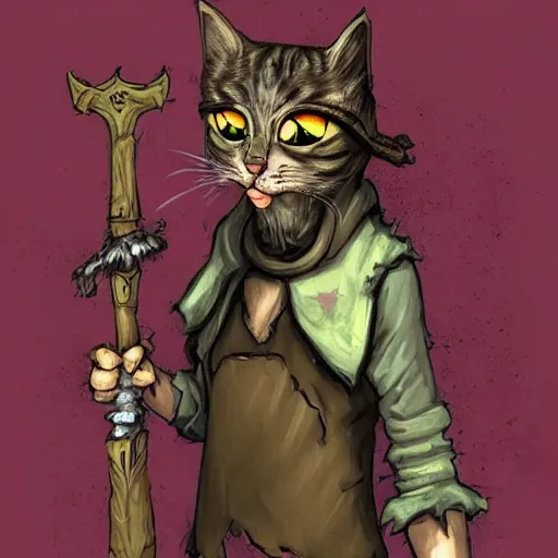 Image similar to dirty homeless humanoid cat wearing rags, wielding a broadsword, concept art, d & d, fantasy, trending on artstation