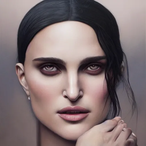 Image similar to tom bagshaw portrait, beautiful mix of natalie portman in desert robes, black hair, professionally retouched, focus eyes, ultra realistic soft painting, insanely detailed linework, symmetrical accurate intricate features, behance, 8 k