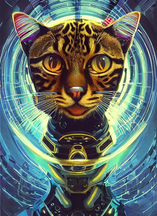 Prompt: symmetry!! portrait of a bengal cat clad in sci - fi technical battle armor, sci - fi, rgb led lights!! intricate, elegant, highly detailed, digital painting, artstation, concept art, smooth, sharp focus, illustration, art by artgerm and greg rutkowski and alphonse mucha