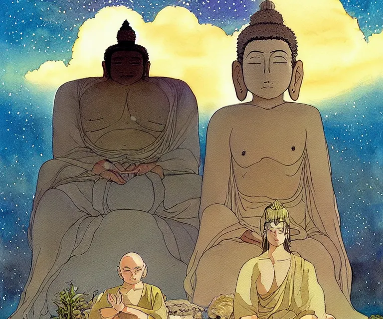 Prompt: a hyperrealist studio ghibli watercolor fantasy concept art of a giant long haired buddha in lotus position in stonehenge with a starry sky in the background. a giant ufo from independence day ( 1 9 9 6 ) is floating in the air. by rebecca guay, michael kaluta, charles vess