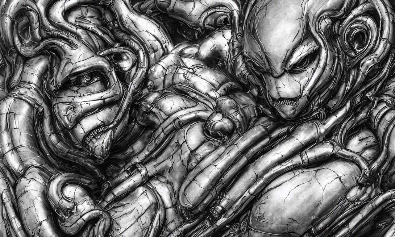 Image similar to engineer prometheus face by Artgerm, xenomorph alien, highly detailed, symmetrical long head, smooth marble surfaces, detailed ink illustration, raiden metal gear, cinematic smooth stone, deep aesthetic, concept art, post process, 4k, carved marble texture and silk cloth, latex skin, highly ornate intricate details, prometheus, evil, moody lighting, hr geiger, hayao miyazaki, indsutrial Steampunk