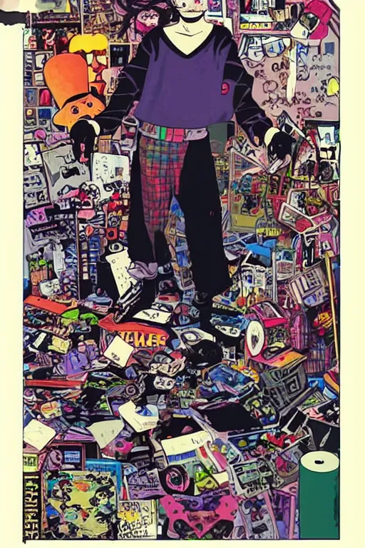 Image similar to nerdy goth guy, cluttered messy 9 0 s bedroom, by jamie hewlett, jamie hewlett art, vaporwave, 9 0 s aesthetic, 9 0 s vibe,