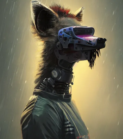 Image similar to new york city portrait of furry anthro anthropomorphic spotted hyena head animal person fursona wearing clothes strange cybernetic muzzle gloomy rainy screenshot from the video game cyberpunk 2077 digital art by Greg Rutkowski, Simon Stalenhag, christopher nolan trending on Artstation, CGSociety