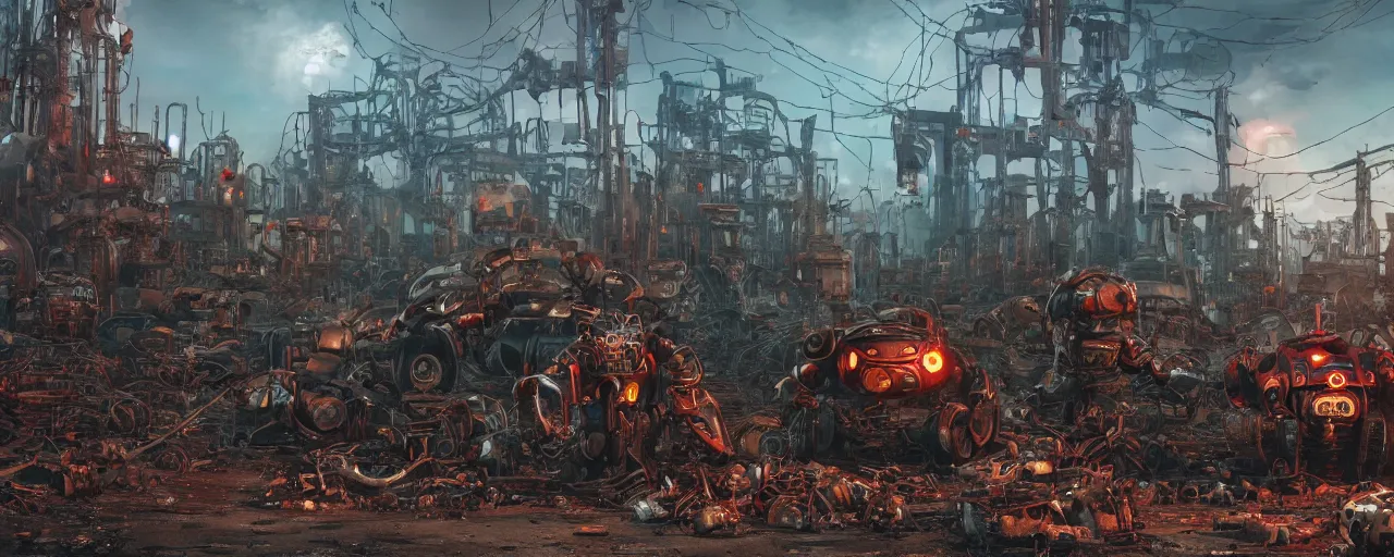 Image similar to an intricate concept art of a robot junk yard behind chainlink fence with warning sign and giant screaming chucky doll, cinematic, post - apocalyptic, matte painting, concept art, hyper realistic, artstation, deviantart, style by feng zhu and dylan cole, octane render, anime style