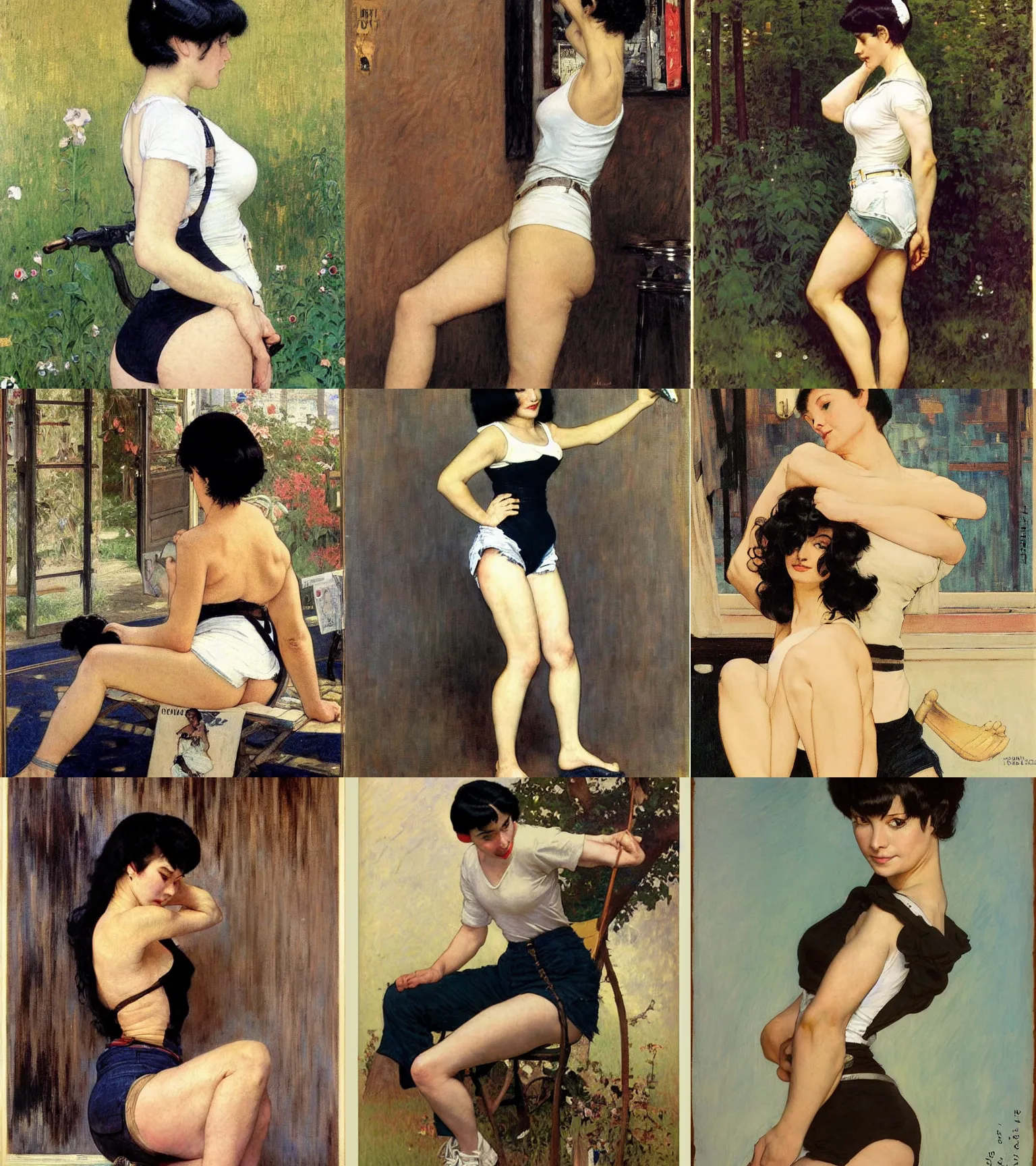 Prompt: a woman with black hair and long pixie haircut in shorts with suspenders and white t-shirt drawn by frank frazetta, gustave caillebotte, Alexandre Cabanel, norman rockwell, ralph bakshi, maler collier, peter paul rubens, alphonse mucha, gustav klimt 4k, unreal 5, DAZ, french noveau, trending on artstation, octane render, hyperrealistic