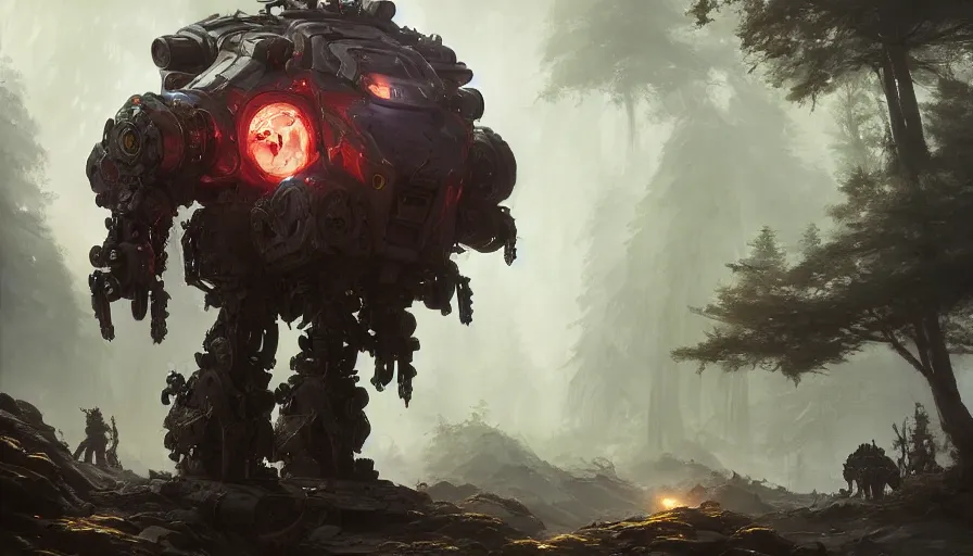 Image similar to military mech covered in armor with elden ring aesthetic, glowing lights, beautiful forests and trees, intricate detail, epic wallpaper, art by darek zabrocki and John Park and Feng Zhu and Jason Chan, trending on artstation, masterpiece.