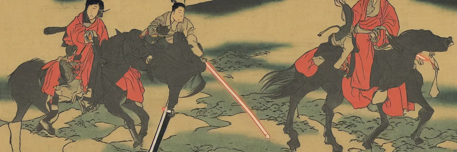 Image similar to Jedi riding on horseback with a lightsaber, rice paddy, ukiyo-e painting