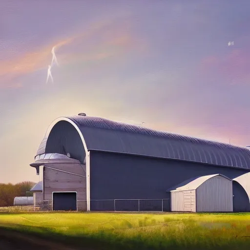 Image similar to exterior view of modern futuristic farm barn architecture, silo, feed troughs, cows, pigs, chickens, detailed luminescent oil painting 4 k