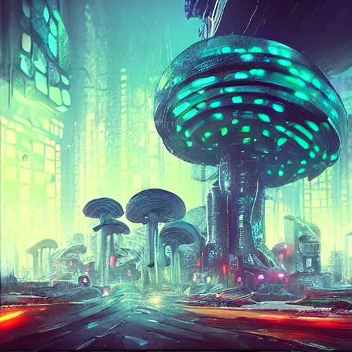 Image similar to “ mushroom city, cyberpunk art by vincent lefevre, behance contest winner, altermodern, cityscape, synthwave, matte painting ”