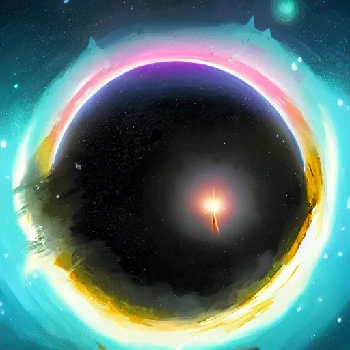 Prompt: view of a black hole swallowing a star as seen from space, by laurie greasley and andreas rocha and brian sum and makoto shinkai, rule of thirds, colorful and bright, clouds in the distance, unreal engine, cinematic lighting, volumetric lighting, featured on artstation