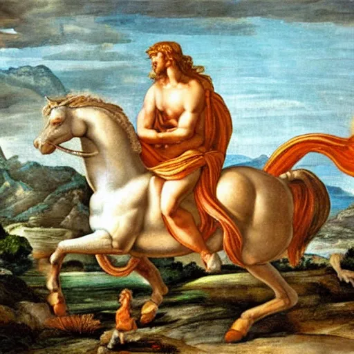 Prompt: painting of Centaur and Pegasus at the Acropolis, Greek gods, Zeus, Poseidon, Aphrodite, intricate, high detail, sensual, in the style of Michaelangelo