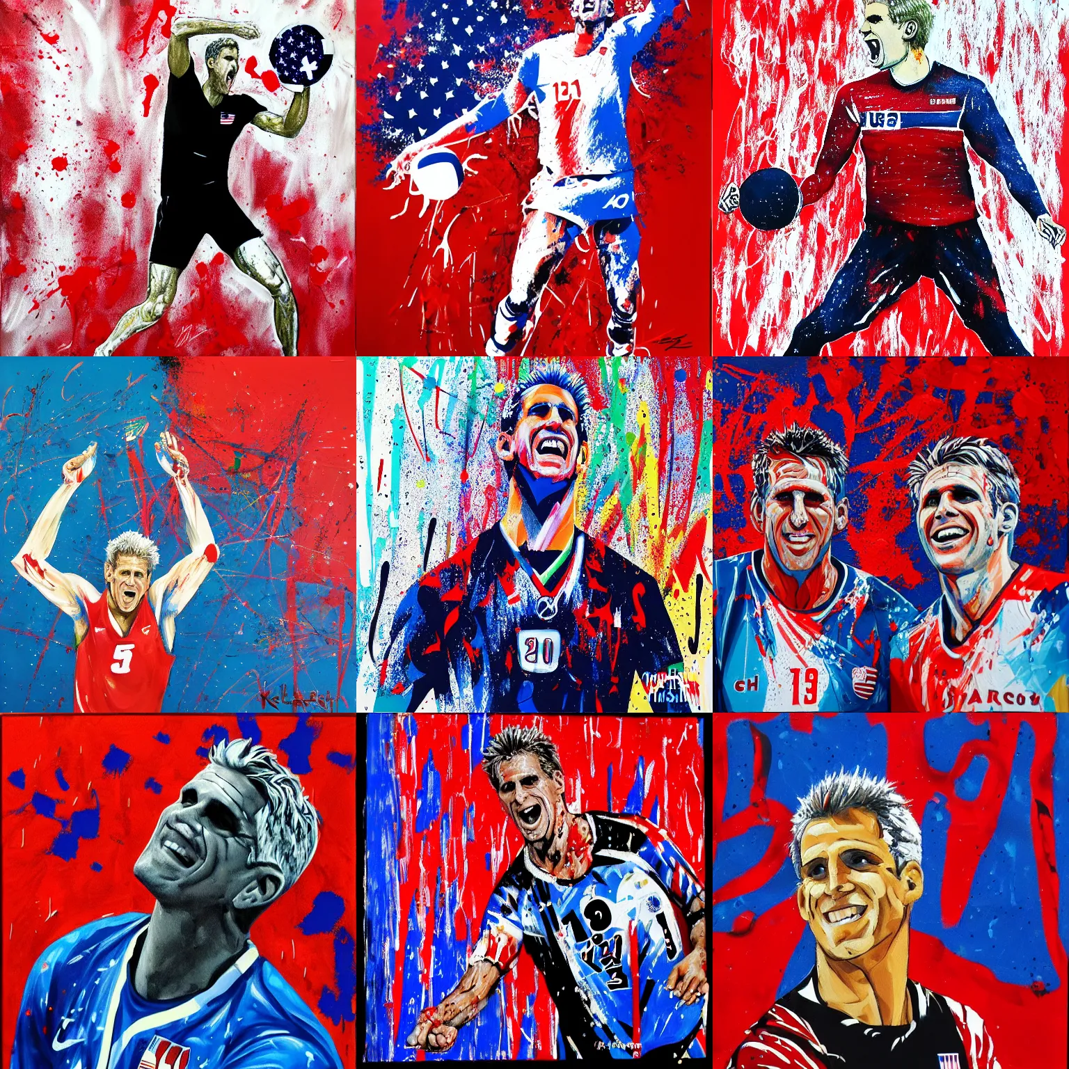 Prompt: karch kiraly, celebrating, usa volleyball, acrylic on canvas, splattered paint, black background, trending on artstation