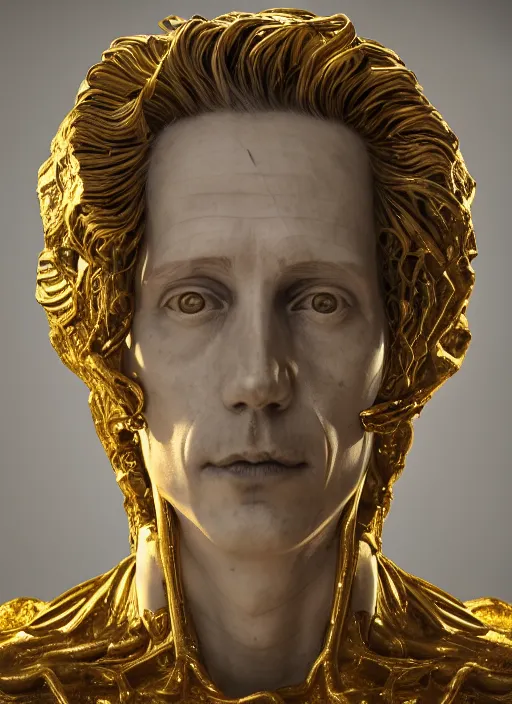 Image similar to a statue made of white marble with gold veins, of john linnell from they might be giants, transhumanism, full body shot, perfect symmetrical body, perfect symmetrical face, hyper realistic, hyper detailed, by johannen voss, by peter kemp, by monia merlo, by michelangelo, octane render, blender, 8 k