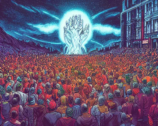 Prompt: An illustration of a crowd of people praying to the celestial being that saved them from a cataclysmic collapse, digital art, Dan Mumford