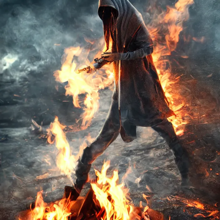 Image similar to hooded man dumping gas on a fire, octane render, 4 k ultra hd, hyper - detailed, realistic, seedy lighting, sharp focus, fantasy dark art