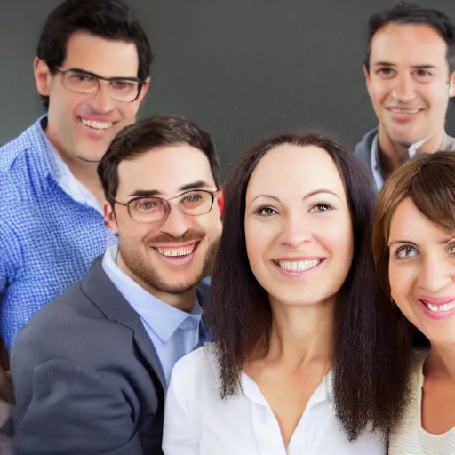 Prompt: a stock photograph of a group of smiling adults in a business setting wearing casual clothing, detailed faces, medium depth of field