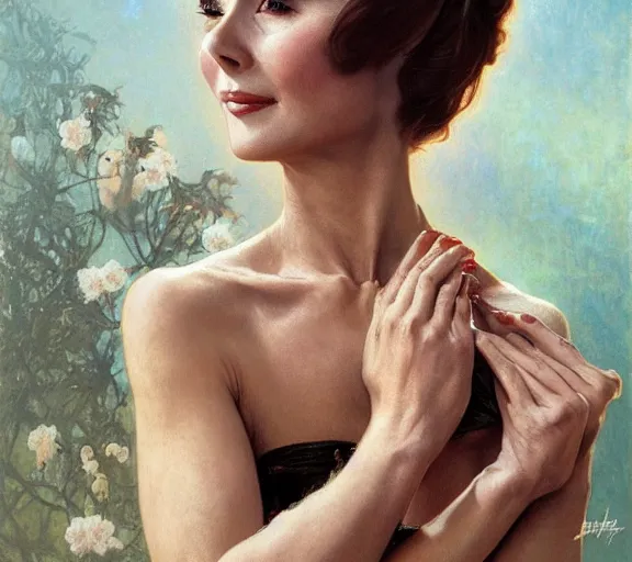 Image similar to photography audrey hepburn with hands - up and hairy armpits, deep focus, intricate, elegant, highly detailed, digital painting, artstation, concept art, matte, sharp focus, illustration, art by artgerm and greg rutkowski and alphonse mucha and gil elvgren