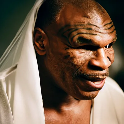 Image similar to a cinematic film still of Mike Tyson getting married to a pigeon, portrait, 40mm lens, shallow depth of field, close up, split lighting, cinematic