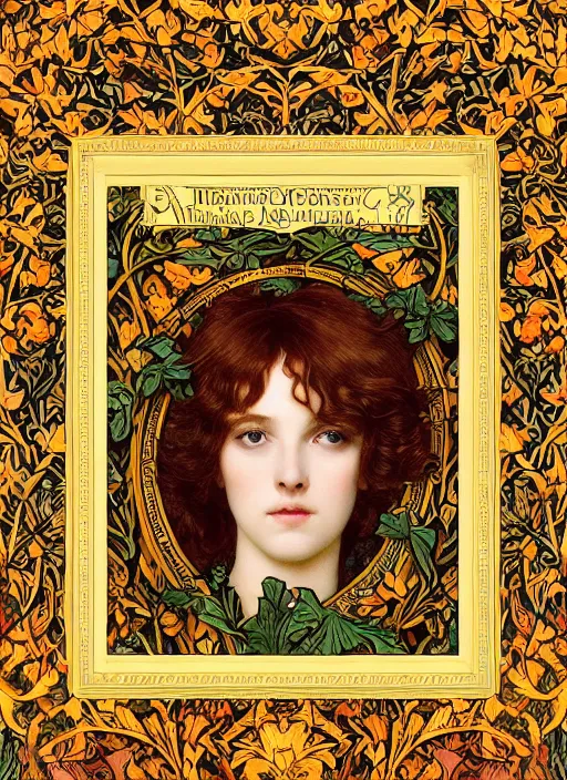 Image similar to masterpiece beautiful seductive flowing curves pose preraphaelite portrait photography, extreme closeup shot, straight bangs, thick set features, yellow ochre ornate medieval dress, amongst foliage mushroom forest arch, william morris and kilian eng and mucha, framed, 4 k