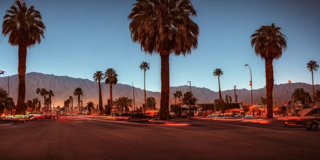 Image similar to palm springs as as futuristic city, sci fi, blade runner, cinematic, underexposed,