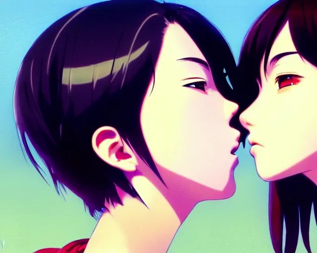 Image similar to two girls kissing | very very anime!!!, fine - face, audrey plaza, realistic shaded perfect face, fine details. anime. realistic shaded lighting poster by ilya kuvshinov katsuhiro otomo ghost - in - the - shell, magali villeneuve, artgerm, jeremy lipkin and michael garmash and rob rey