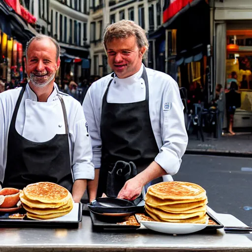 Image similar to closeup portrait of dutch chefs impressing the French people with superior pancakes in a street in Paris, by Steve McCurry and David Lazar, natural light, detailed face, CANON Eos C300, ƒ1.8, 35mm, 8K, medium-format print