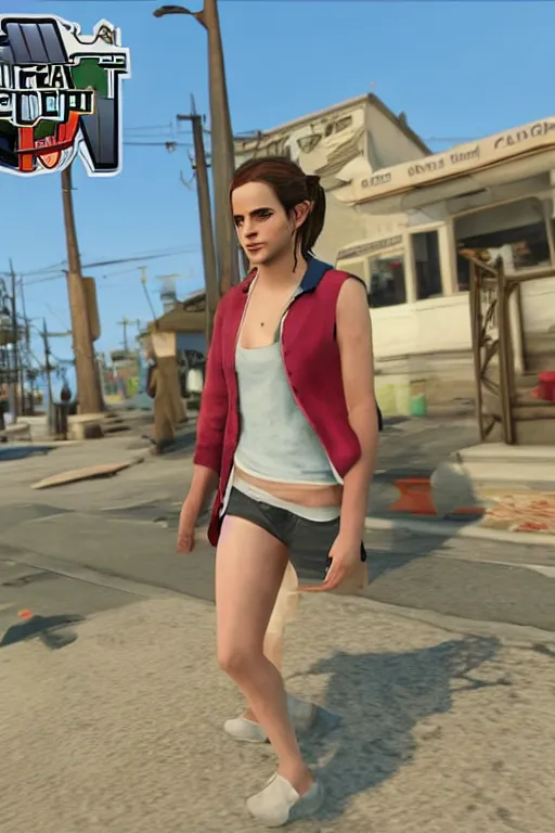 Image similar to Emma Watson as a GTA V NPC in vespucci beach, in game capture. 3D Render.