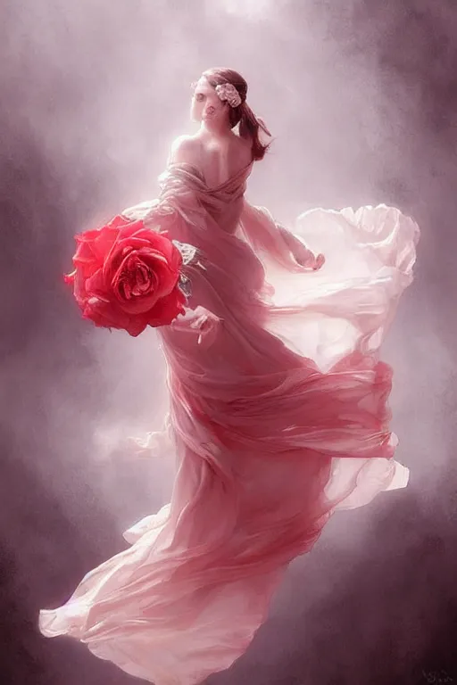 Prompt: classically beautiful!!! woman dressed in a vaporous wrapped large victorian pale red roses silk semi-transparent dress fashion is running, fantasy, intricate, elegant, highly detailed, digital painting, trending on artstation, concept art, matte, sharp focus, illustration, art by Artgerm and Greg Rutkowski and Alphonse Mucha, instagram model