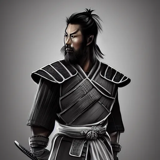 Image similar to hyper realistic concept art character of a handsome characteristic samurai fighter with an intense stare